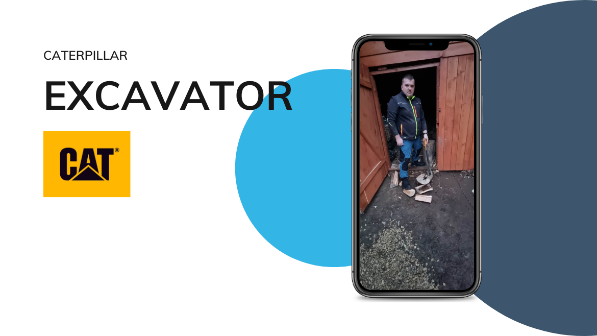 CAT ekskavatoriaus batai darbe statybininkui staliui